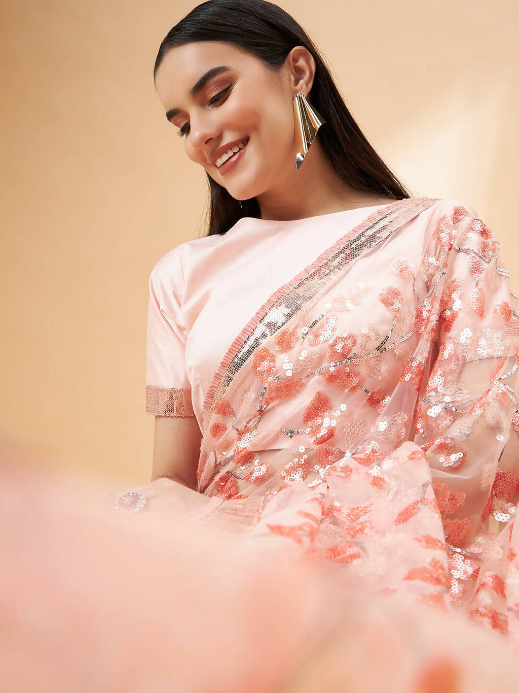 Peach Lycra Sequin Embroidery And Frills Saree - Norita Hit Design | Grocsy