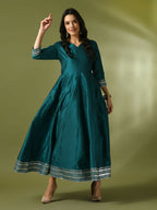 Myshka Women's Teal Solid Silk Anarkali Party Kurta | Grocsy