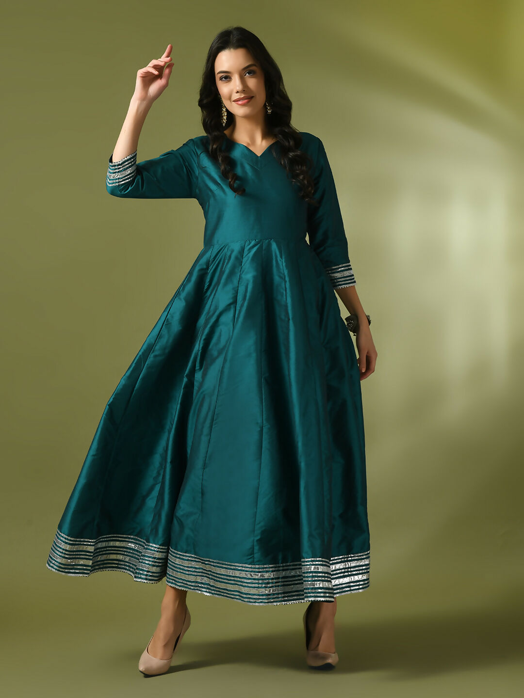Myshka Women's Teal Solid Silk Anarkali Party Kurta | Grocsy