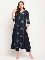 Ahalyaa Women's Navy Blue Rayon Foil & Khari Print Kurta Trouser Set | Grocsy