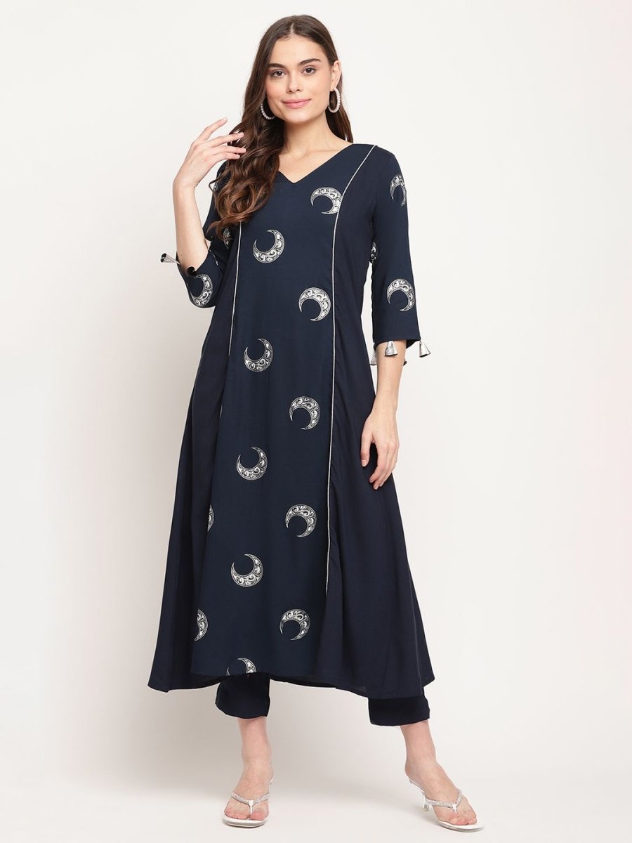 Ahalyaa Women's Navy Blue Rayon Foil & Khari Print Kurta Trouser Set | Grocsy