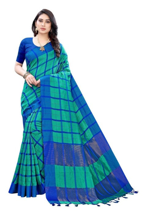 Vamika Blue Cotton Silk Weaving Saree (SATURN BLUE) | Grocsy