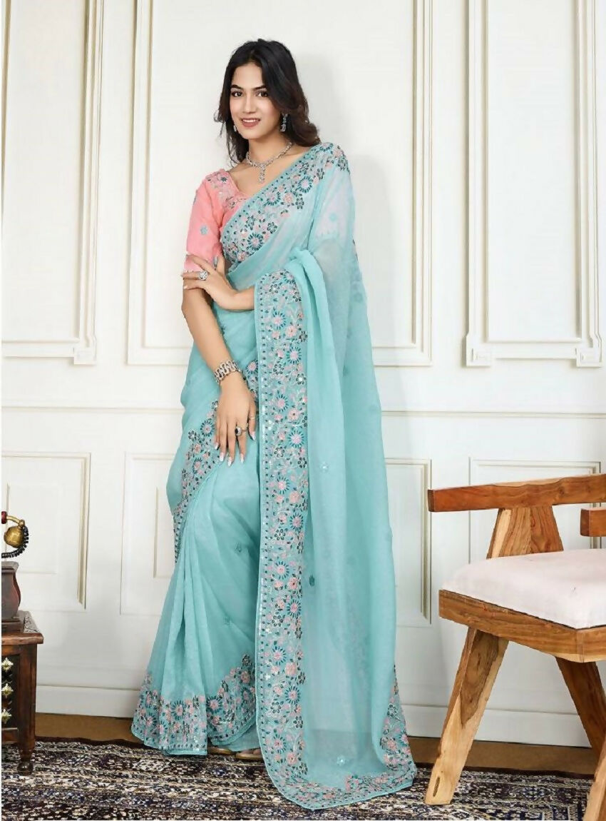 Teeya Creation New Trendy Stylish Wedding Wear Crunchy Silk Saree-Aqua_Blue | Grocsy
