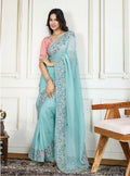Teeya Creation New Trendy Stylish Wedding Wear Crunchy Silk Saree-Aqua_Blue | Grocsy