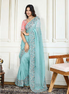 Teeya Creation New Trendy Stylish Wedding Wear Crunchy Silk Saree-Aqua_Blue | Grocsy