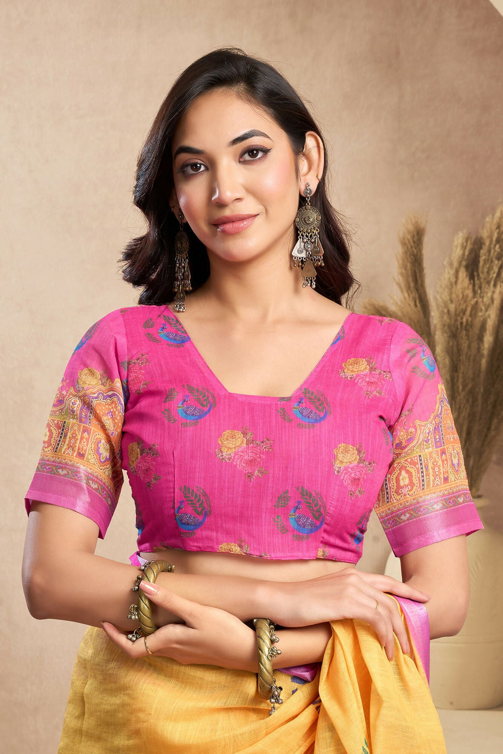 Vastranavya Mustard Digital Printed Linen Ready To Wear Designer Saree with Unstitched Blouse | Grocsy