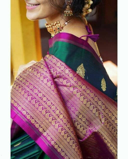 DEIANA'S Beautiful Designer Golden zari Soft Lichi Silk Saree - Green | Grocsy