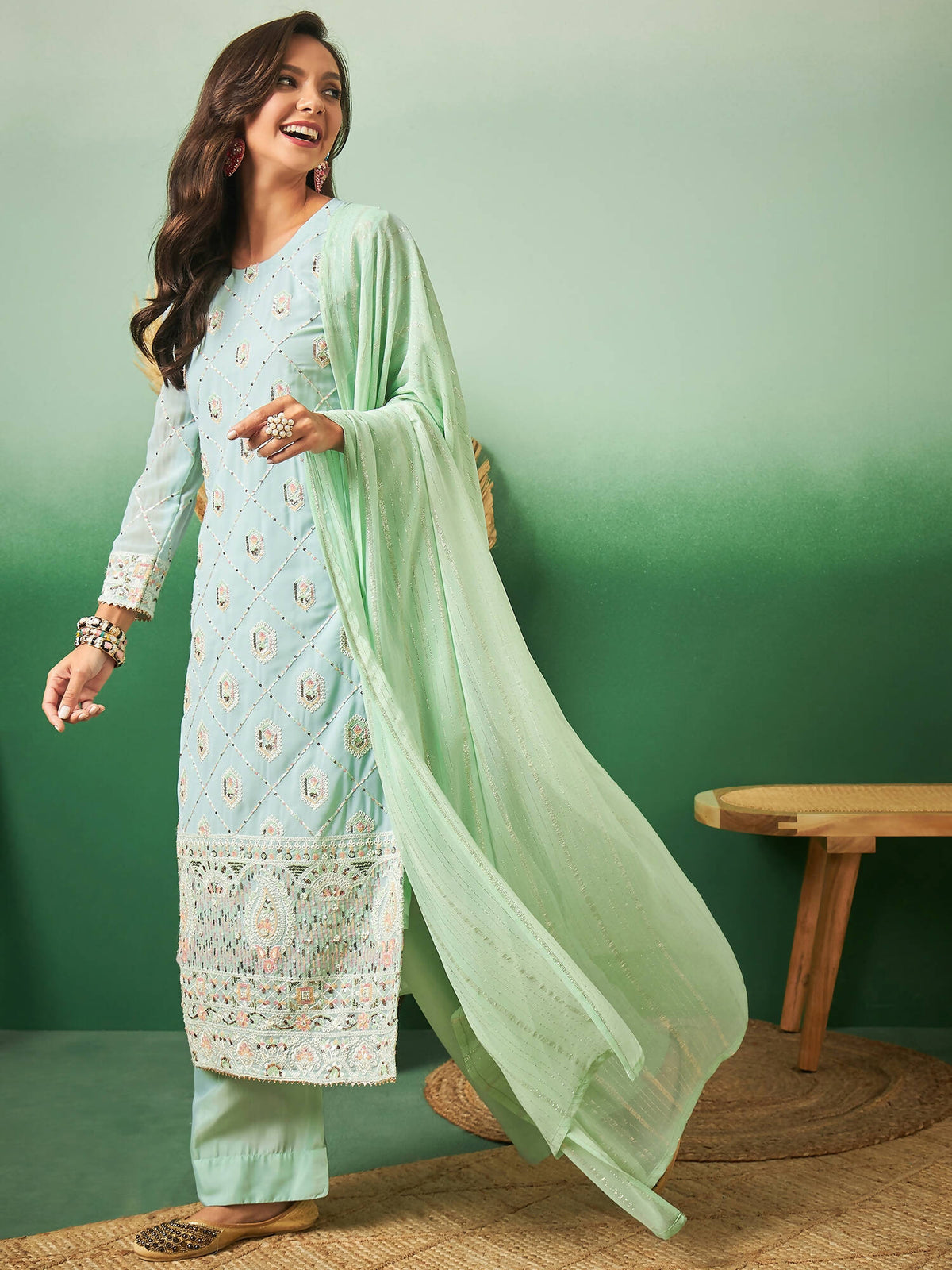 Sea Green Georgette Handwork Unstitched Dress Material - Hanika | Grocsy