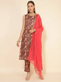 Janasya Women's Brown Crepe Digital Floral Printed Festive Straight Kurta Set | Grocsy