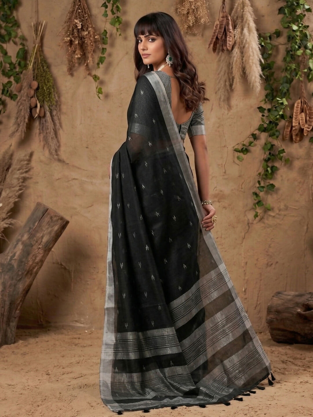 Shree Shyam Fashion Black Linen Cotton Saree | Grocsy