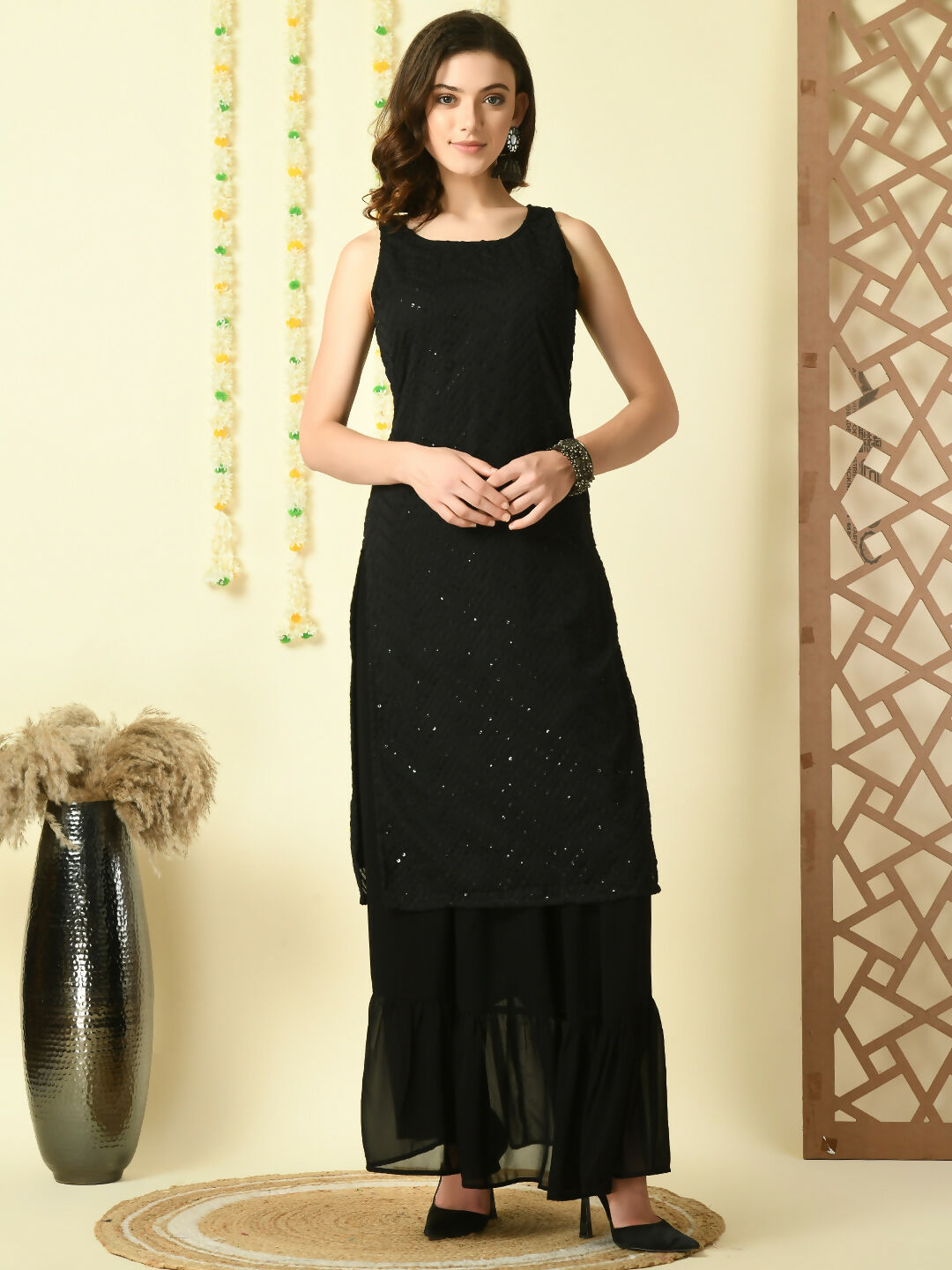 Myshka Women's Black Georgette Kurta & Skirt With Dupatta Party Sets | Grocsy