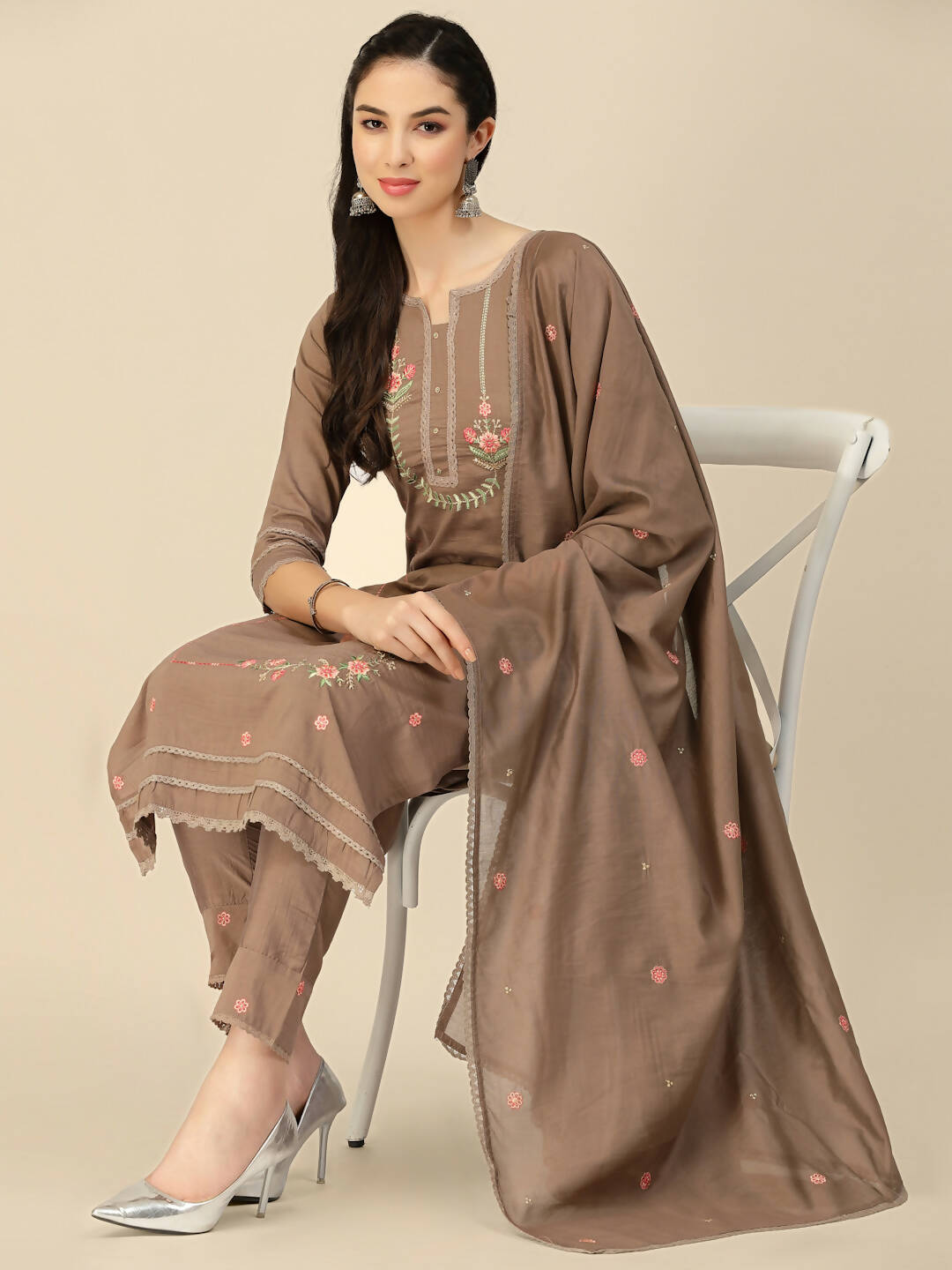 Brown Embroidered Chinon Straight Kurta With Trouser & Dupatta - Salimar | Grocsy