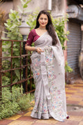 Grey Pure Linen Ethnic Motifs Saree with Unstitched Blouse - A2M | Grocsy