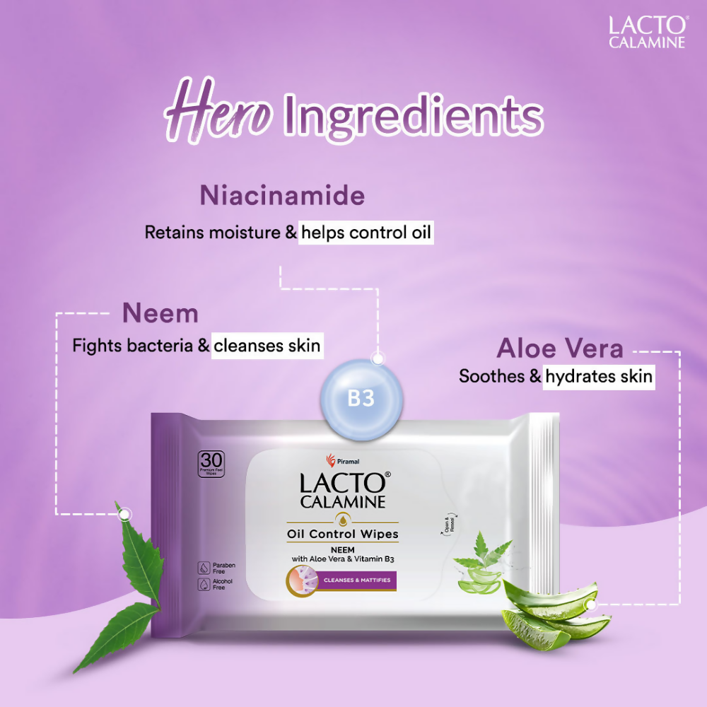 Lacto Calamine Oil Control Face Wipes, Makeup Remover Wipes With Neem & Aloe 30 Usable Wipes | Grocsy