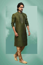 Raivat Ethnic Art Silk Mirror Embroidery Work Kurta Pajama In Green Colour | Grocsy