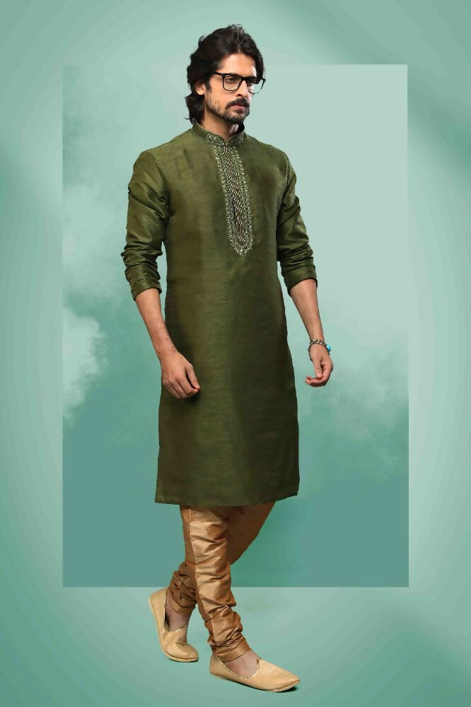 Raivat Ethnic Art Silk Mirror Embroidery Work Kurta Pajama In Green Colour | Grocsy