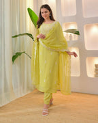 The52 Lemons Women's Beautiful Chikankari Work Chanderi Fabric Straight Kurta Pant and Dupatta Set | Grocsy
