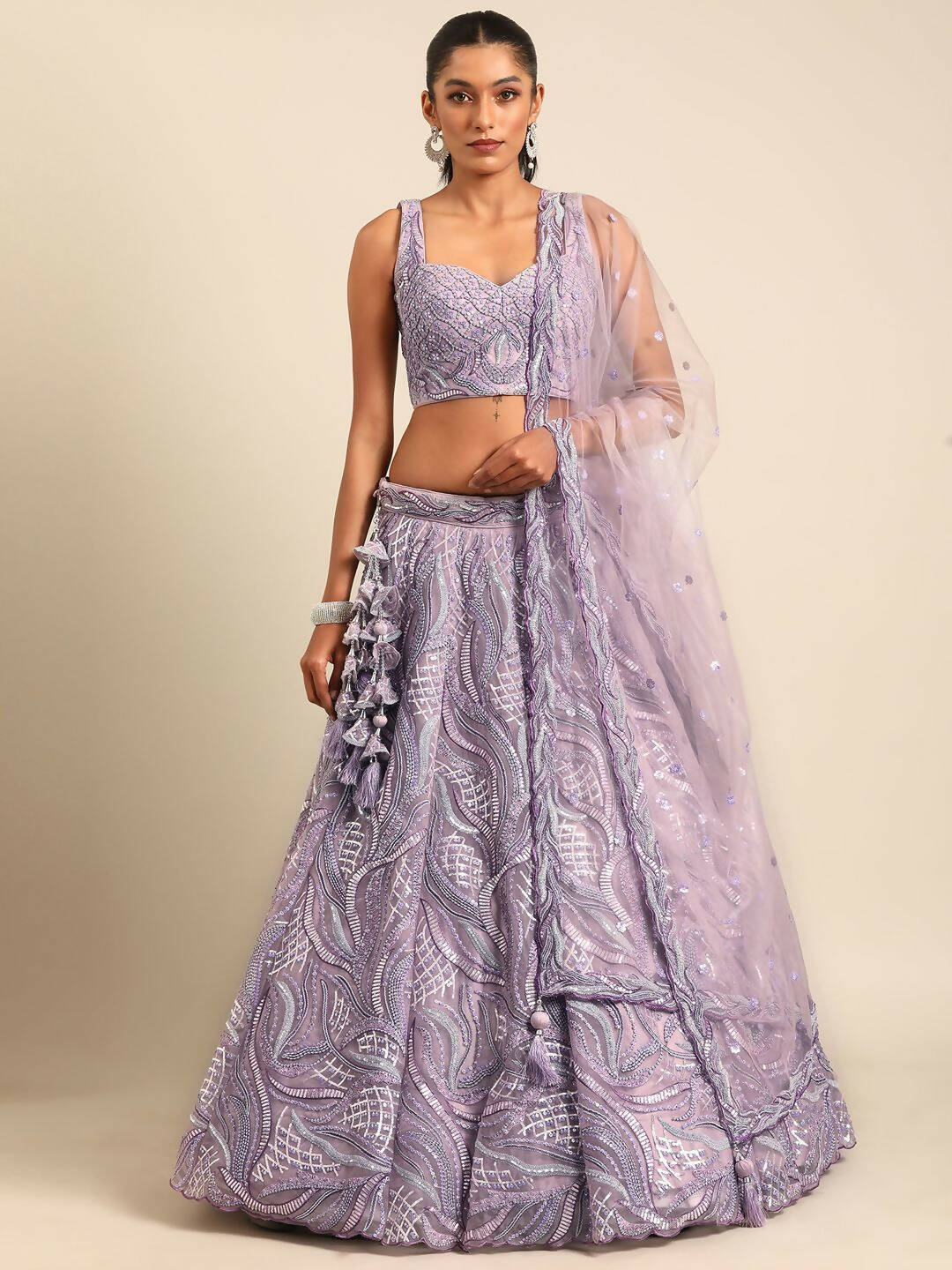 House of Panchhi Lavender Net Sequins and Zarkan embroidery Lehenga choli & Dupatta | Grocsy