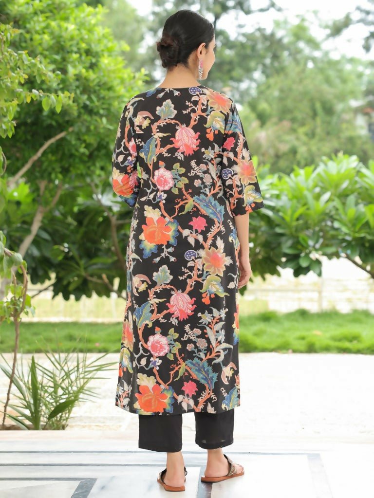 Aramya Straight Soft Cotton Floral Print Women's Kurta Set - Black | Grocsy