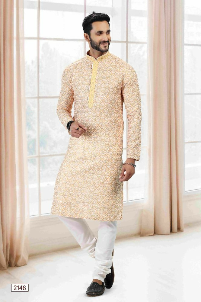 Raivat Ethnic Cotton Thread Work Kurta Pajama In Yellow Colour | Grocsy