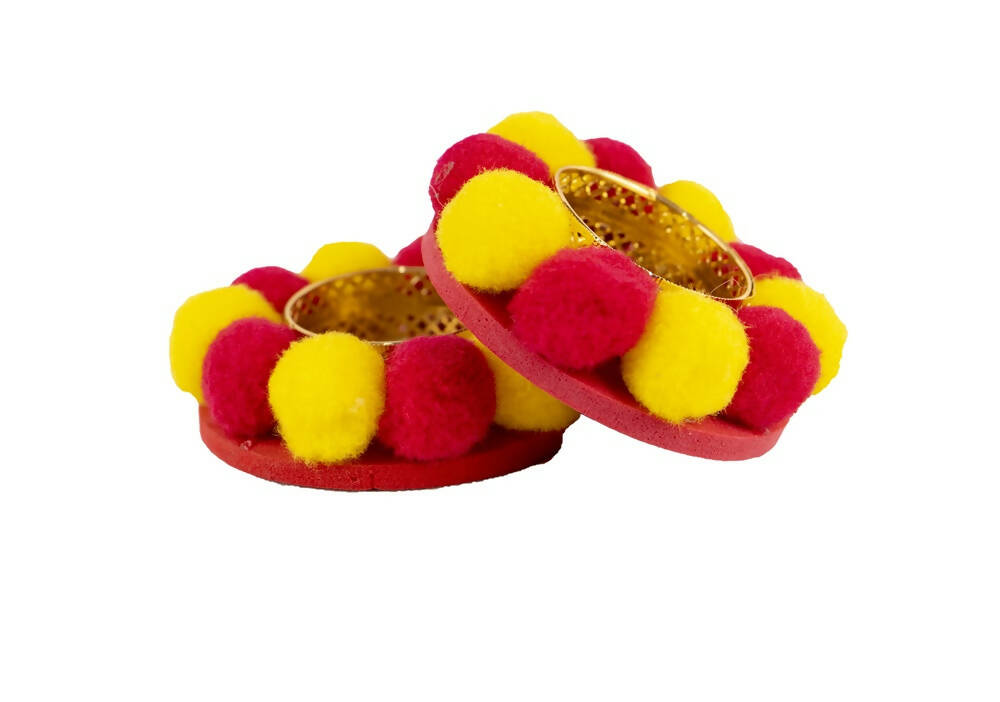 Kundan HandiKrafts Designer Floating Multi Coloured Pom Pom Candle Holders | Grocsy