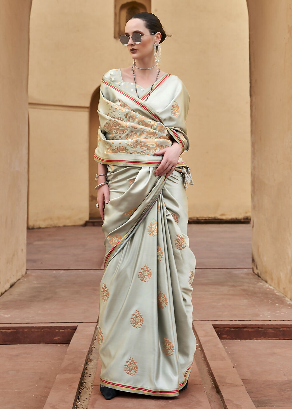 Dusty Grey Pure Satin Zari Weaving Wedding Festive Saree - Emponline | Grocsy