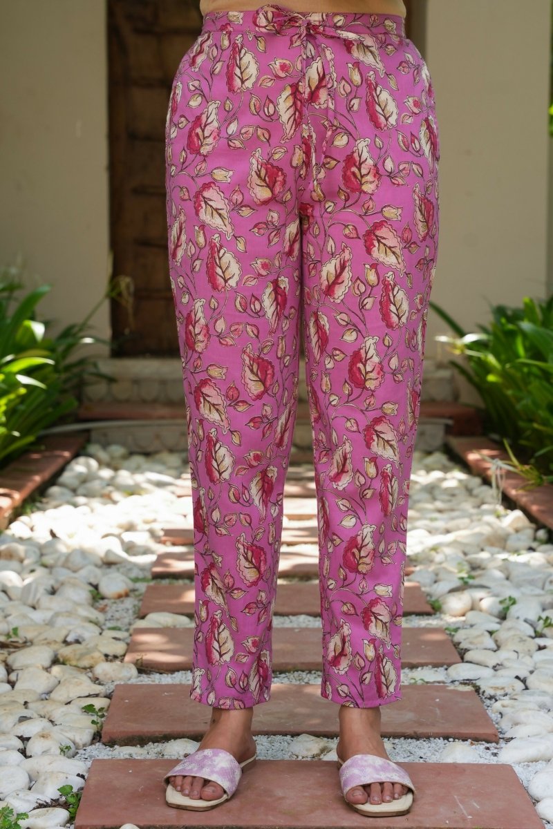 Aramya Pink Soft Cotton Foliage Print High Low Kurta Set for Women | Grocsy