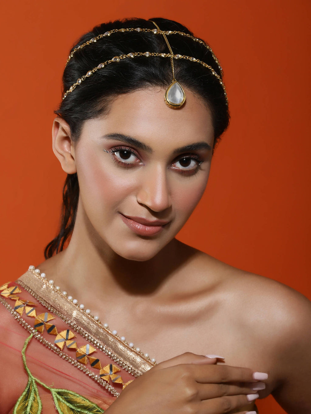 Gold-Polished White Faux Kundan-Studded Faux Pearl Beaded Handcrafted Matha Patti - Ruby Raang | Grocsy