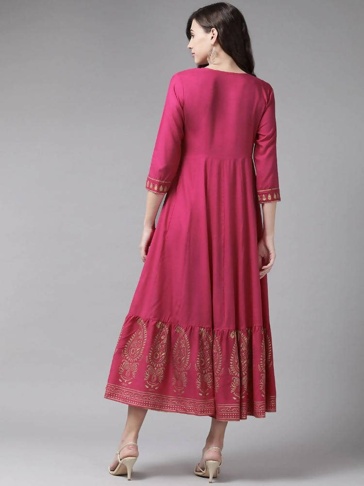 Yufta Magenta Ethnic Motifs Ethnic Maxi Dress | Grocsy