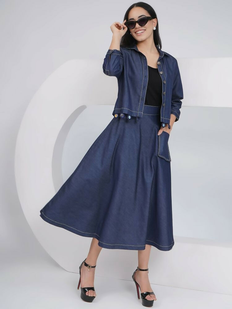 Joban Fashion Black Cotton Denim A Line Skirt With Inner And Jacket | Grocsy