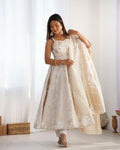 The52 Women's Gorgeous Jacquard Work Jacquard Silk Fabric Flared Anarkali Pant and Dupatta Set | Grocsy