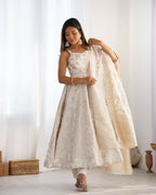 The52 Women's Gorgeous Jacquard Work Jacquard Silk Fabric Flared Anarkali Pant and Dupatta Set | Grocsy