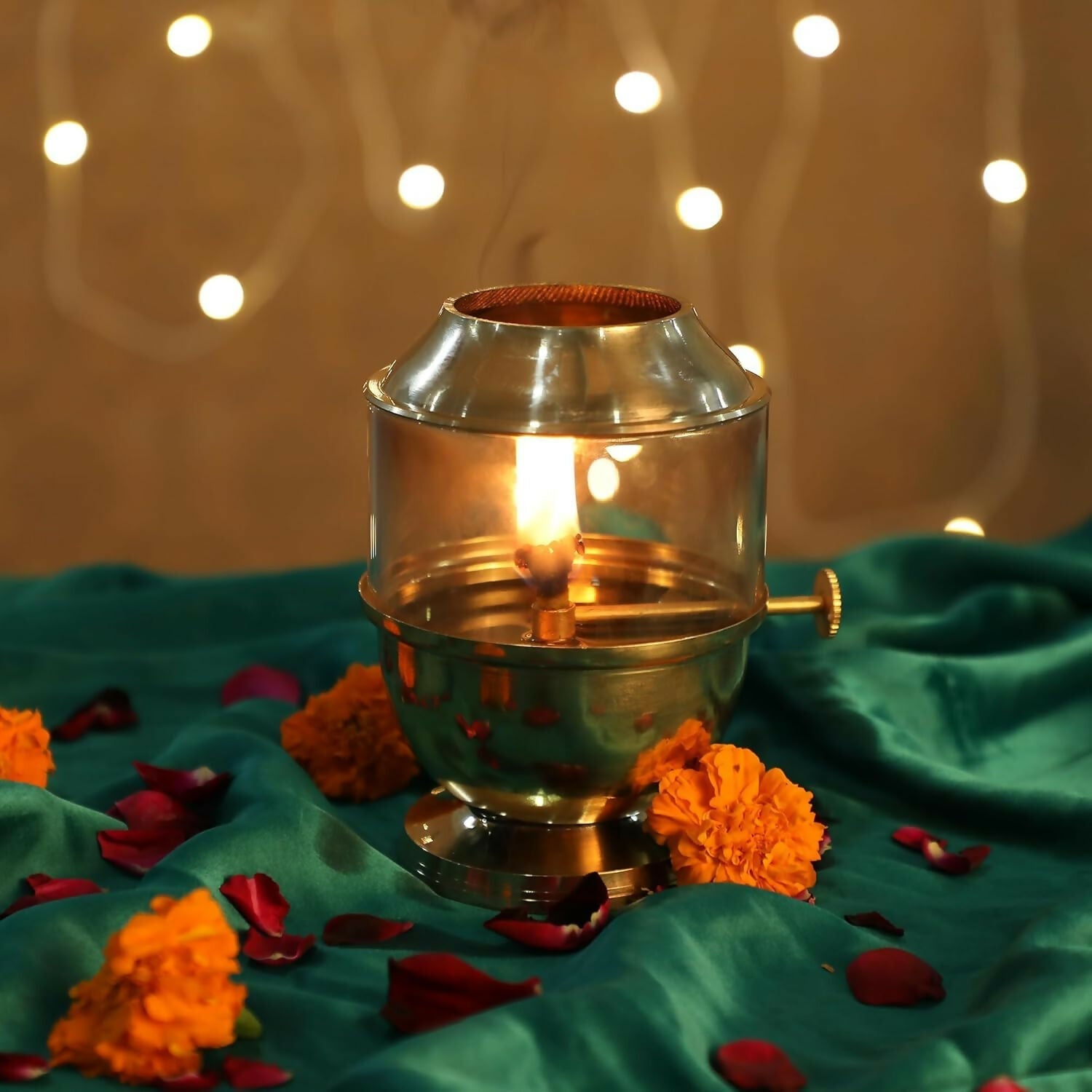 Not Available Pure Brass Akhand Jyot Diya with Borosilicate Glass Cover | Grocsy