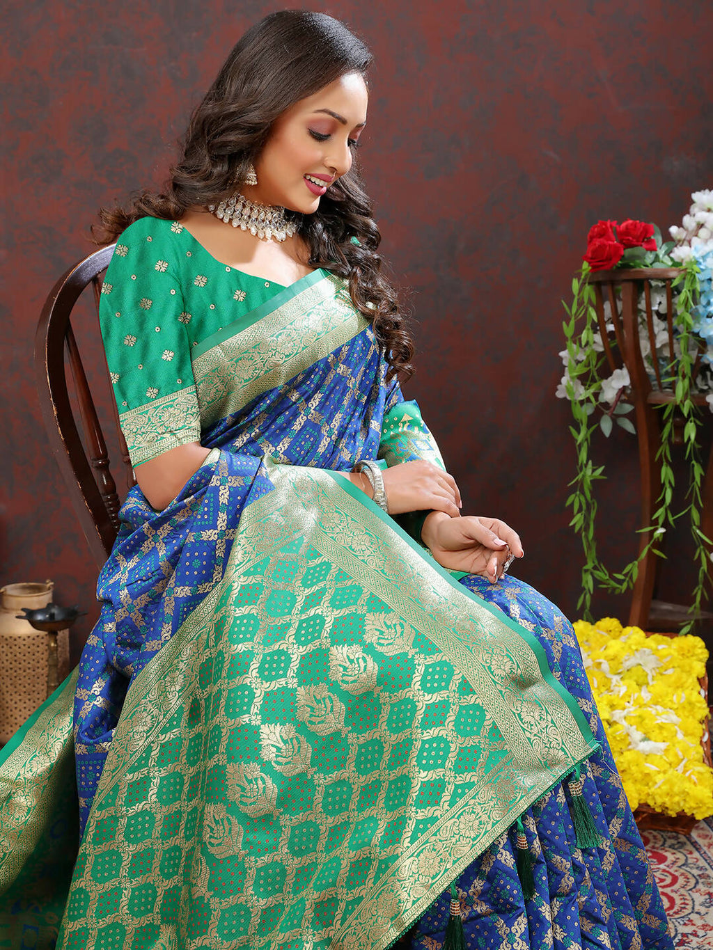 Lorenvalley Fashion Blue & Green Patola Silk Woven Design Meenakari Weaving Saree | Grocsy