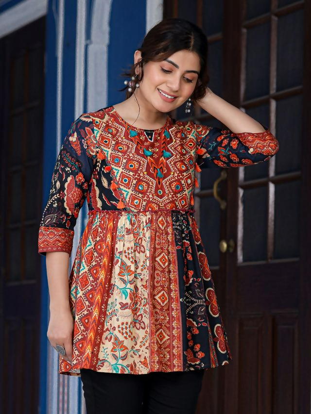Juniper Women's Multi Colored Ethnic Motif Printed Cotton Peplum Tunic | Grocsy