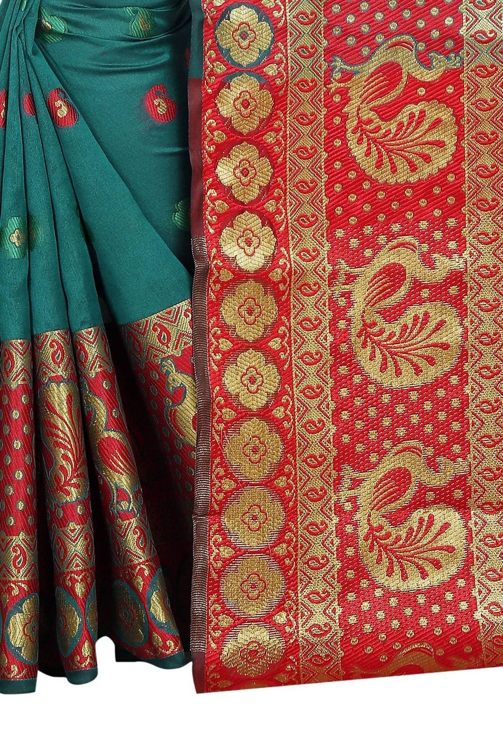 Vamika Banarasi Cotton Silk Rama Green Weaving Saree | Grocsy