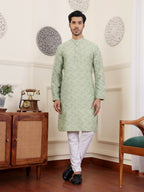 Green Viscose Woven Jacquard Work Men's Rajwadi Kurta Set - Mahotsav | Grocsy