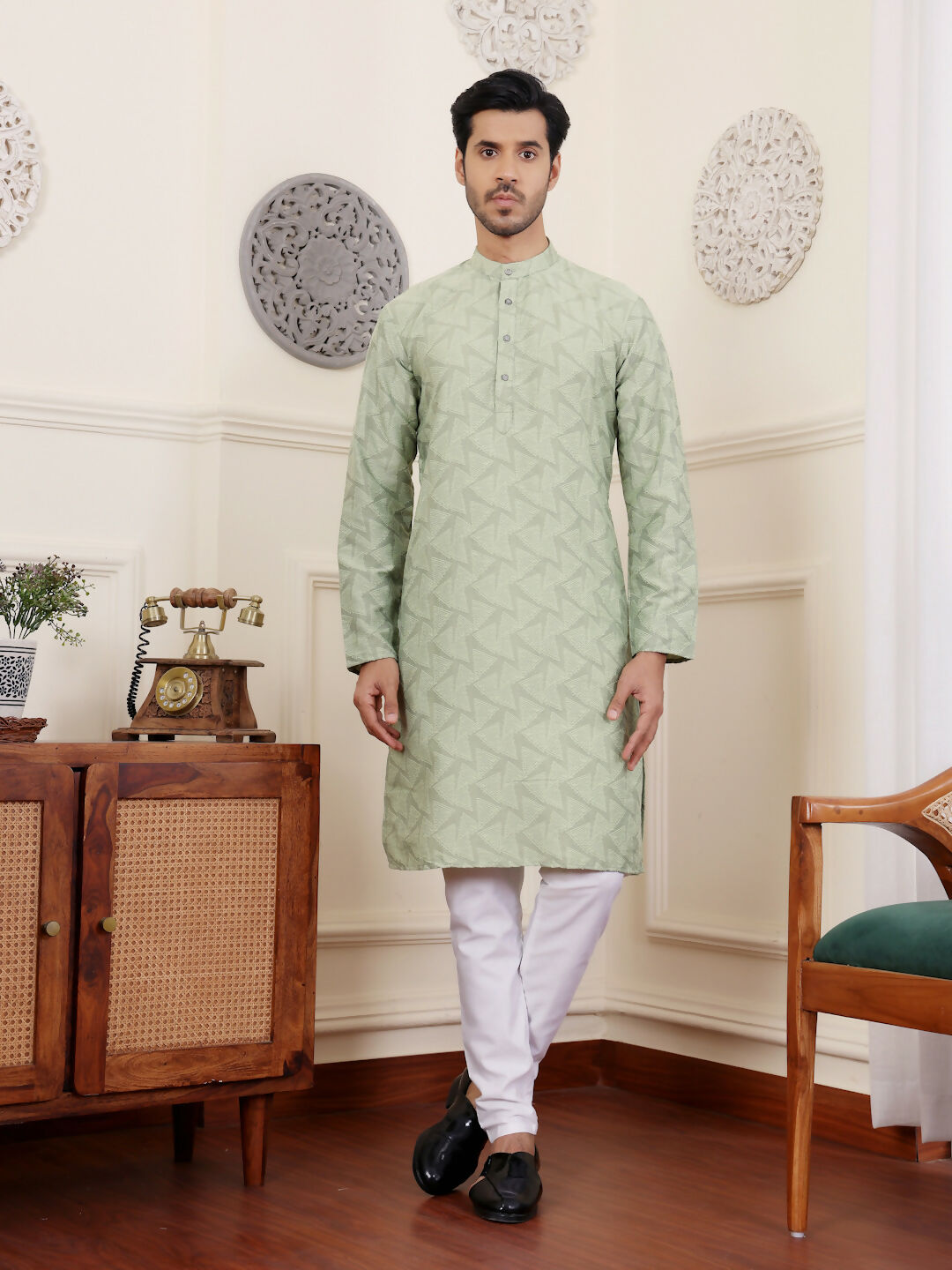 Green Viscose Woven Jacquard Work Men's Rajwadi Kurta Set - Mahotsav | Grocsy
