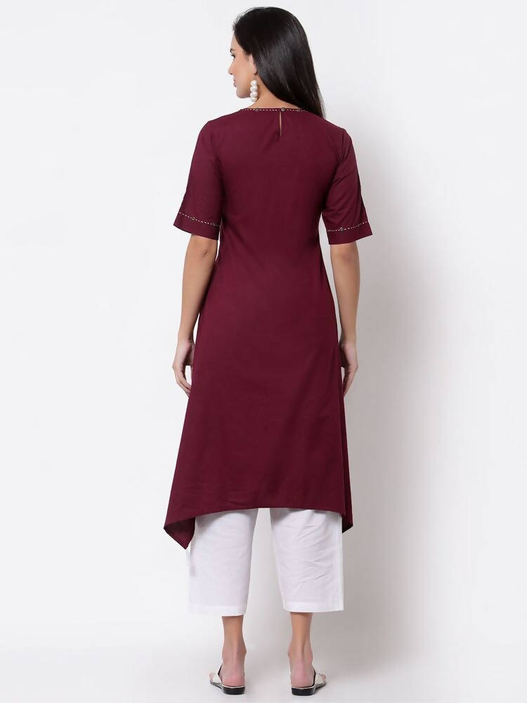Myshka Women's Pure Cotton 3/4 Sleeve Round Neck Casual Maroon Dress | Grocsy