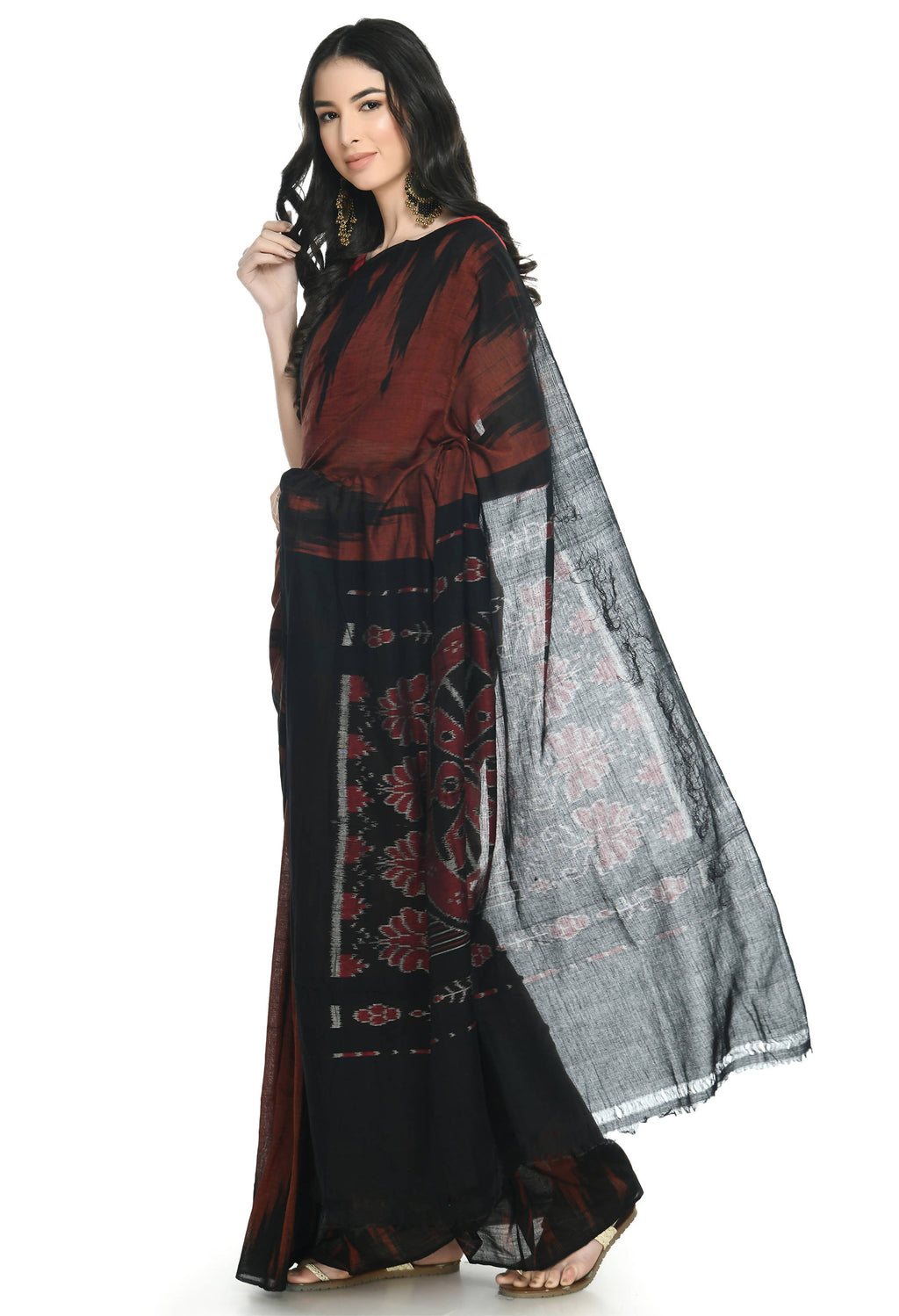 Vamika Sambalpuri Ikat Cotton Kargil Brown & Black Saree | Grocsy