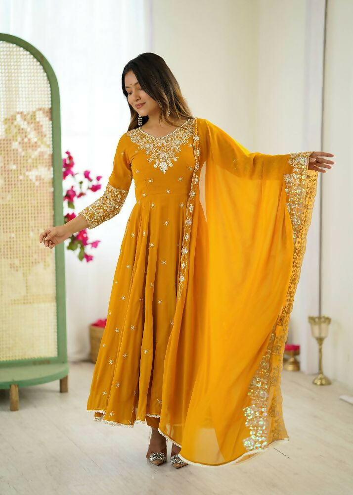 Teeya Creation Yellow Color Faux georgette Embroidery Work Wedding Wear Gown | Grocsy