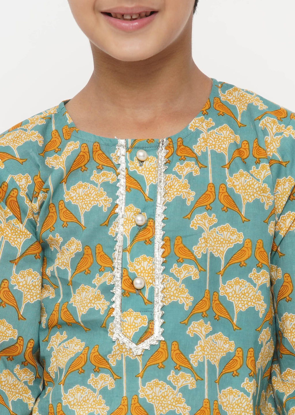 Little Bansi Boys Cotton Bird Print Kurta with Pearl Buttons & Pyjama -Blue & Cream | Grocsy