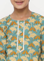 Little Bansi Boys Cotton Bird Print Kurta with Pearl Buttons & Pyjama -Blue & Cream | Grocsy