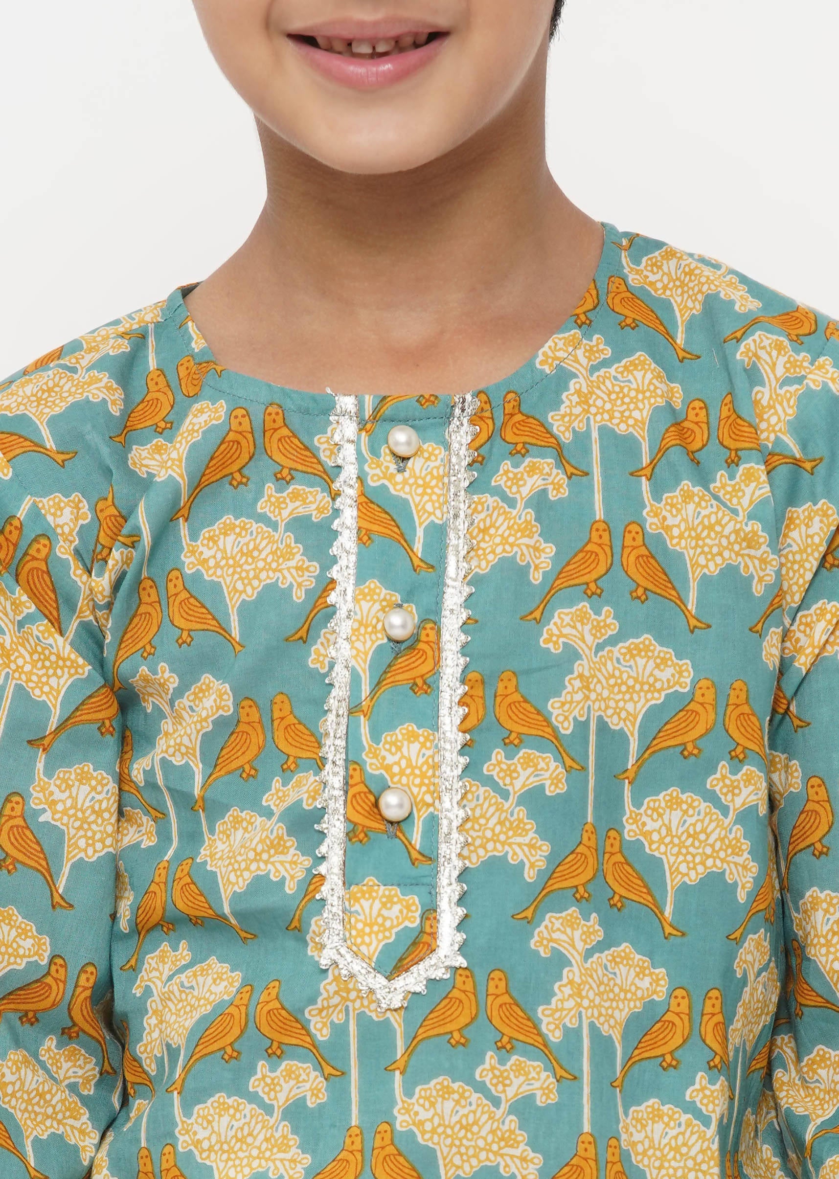Little Bansi Boys Cotton Bird Print Kurta with Pearl Buttons & Pyjama -Blue & Cream | Grocsy