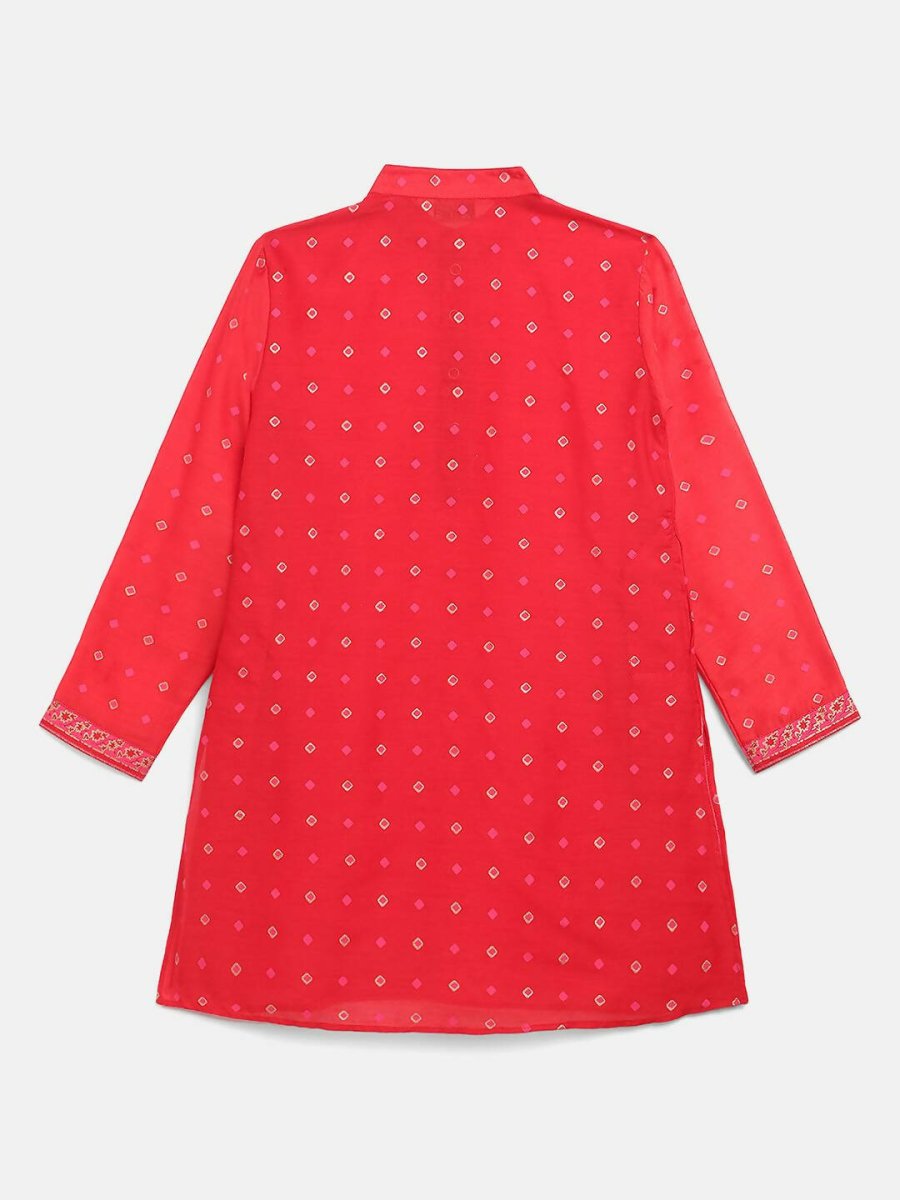 Ahalyaa Red Chnaderi Gold Khari Print Kids Kurta Churidar Set For Boys | Grocsy