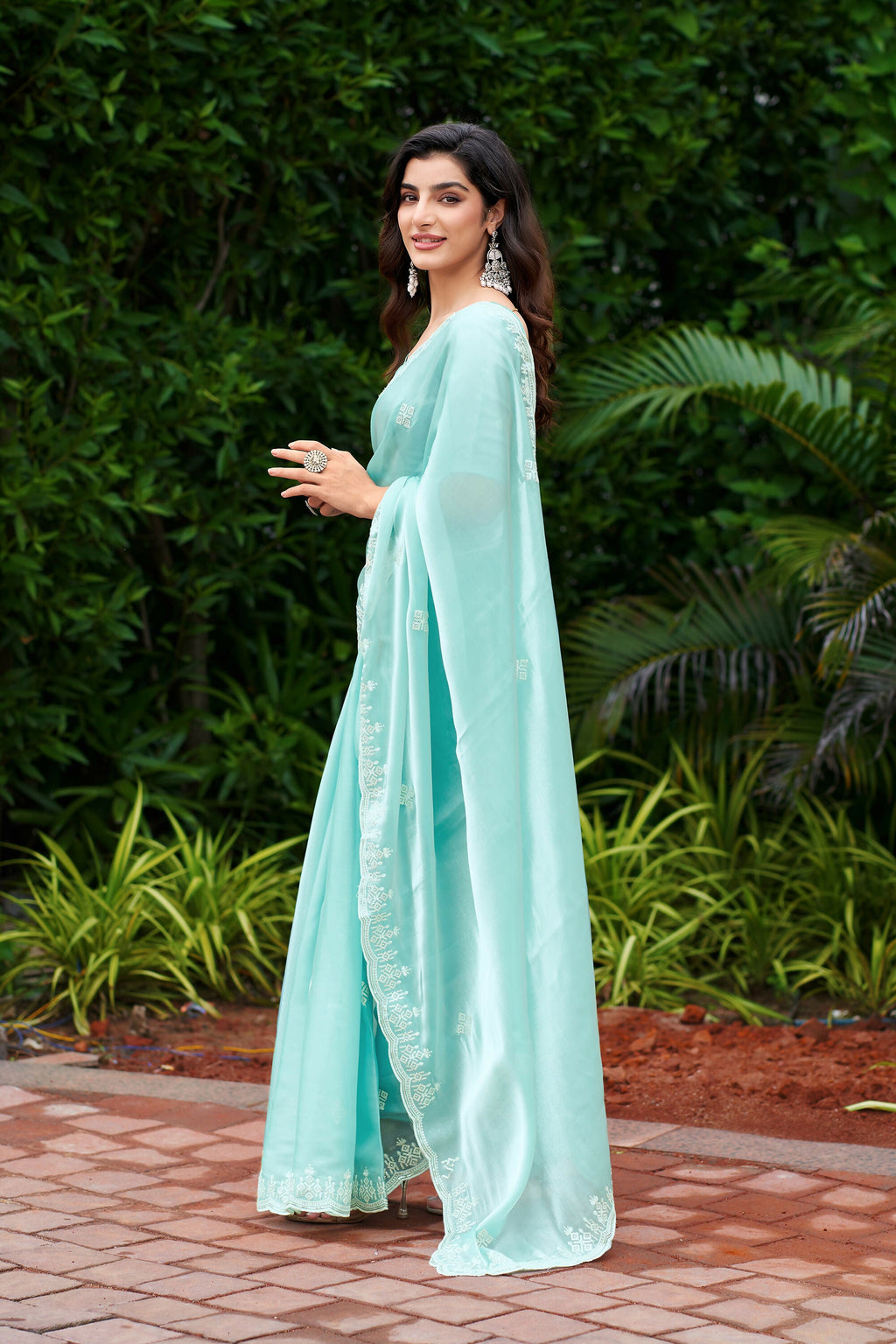 Vastranavya Turquoise Embroidery Work Shimmer Chiffon Saree with Unstitched Blouse | Grocsy