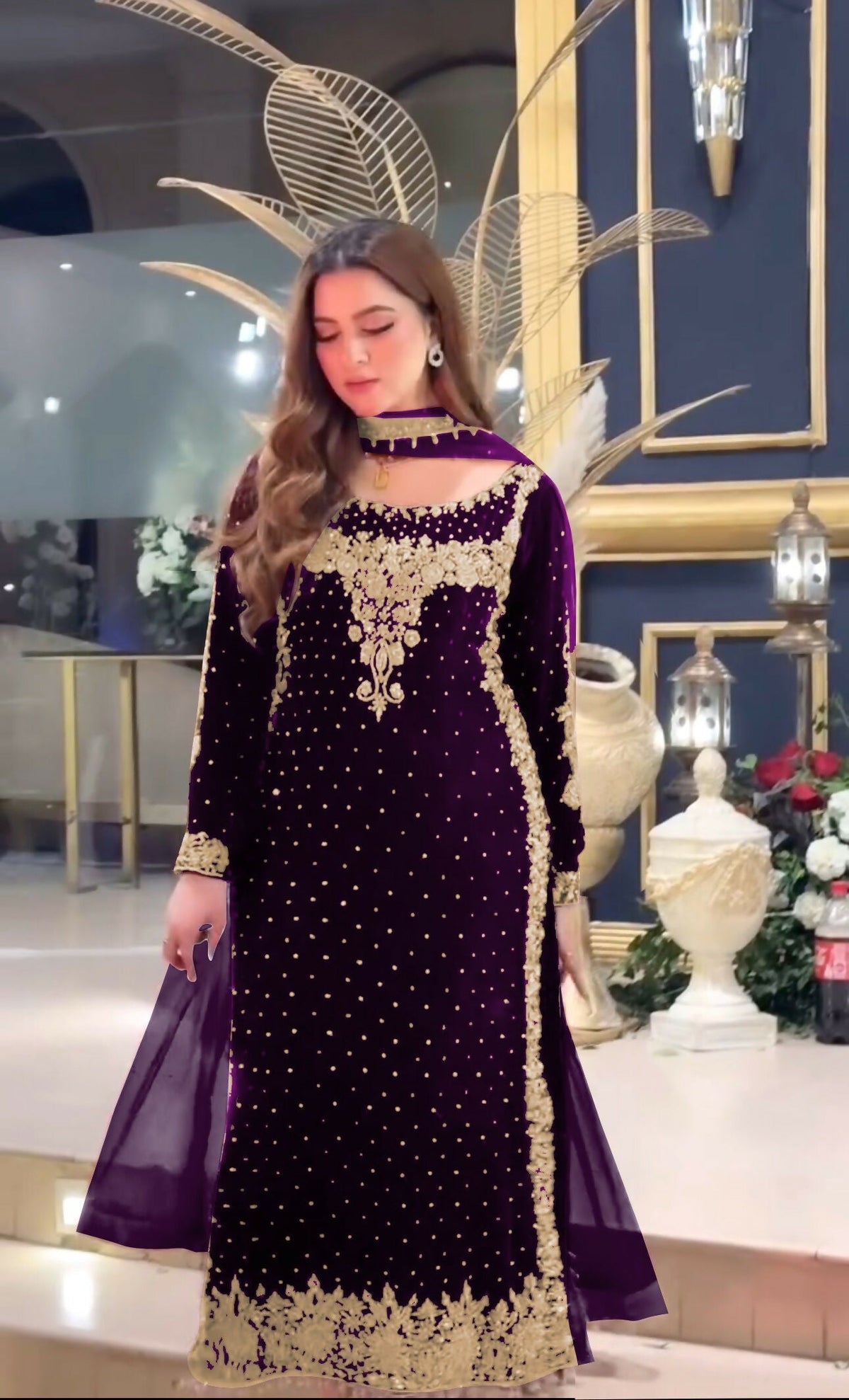 Joban Fashion Purple Velvet Sequence Embroidery Work Kurta Set | Grocsy