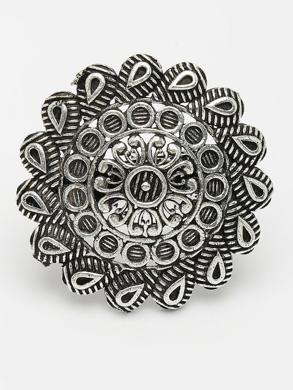NVR Women's Silver-Toned Floral Shape Adjustable Finger Ring | Grocsy