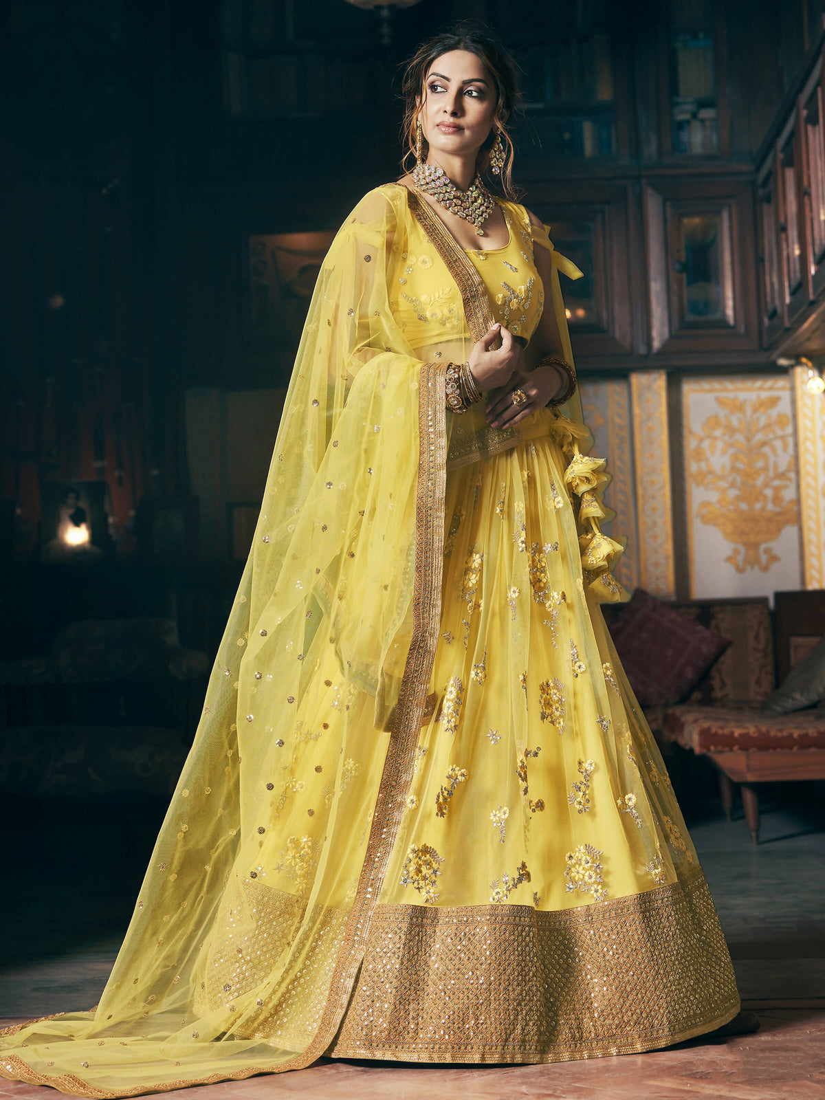Wedding Designer Sequene Zari Resham Embroidery Yellow Net Lahengha Choli - Anbazaar | Grocsy