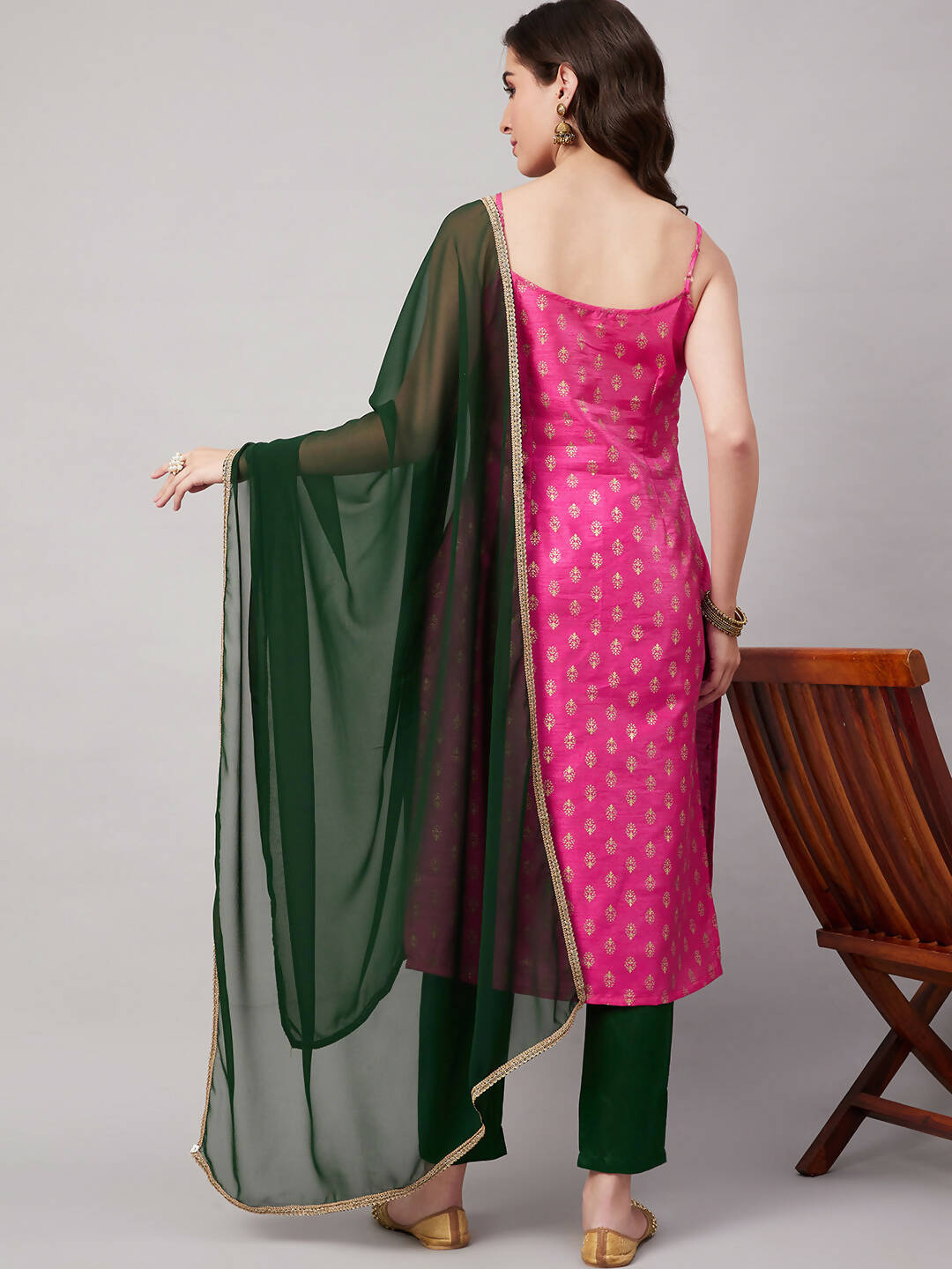 Magenta Pink and Green Polyester Printed Kurta with Trousers & Dupatta - Vishwa | Grocsy